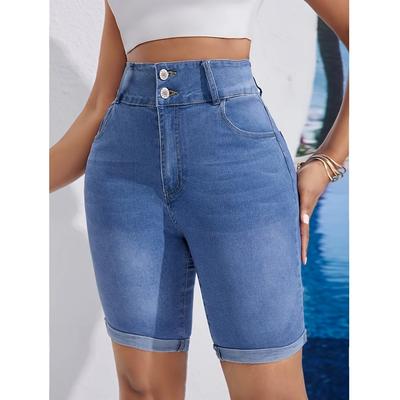 Damen Sommer Hohe Taille Knielange Denim Shorts Damen Stretch Jeans Kurze Hosen