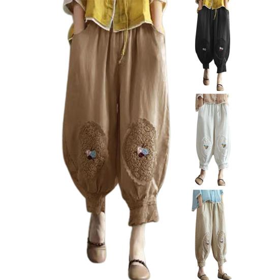 Women Pants Elastic Waist Pocket Lace Patchwork Flower Embroidery Daily Wear Solid Color Plus Size Mid-calf Length Ninth Pants Female Clothes