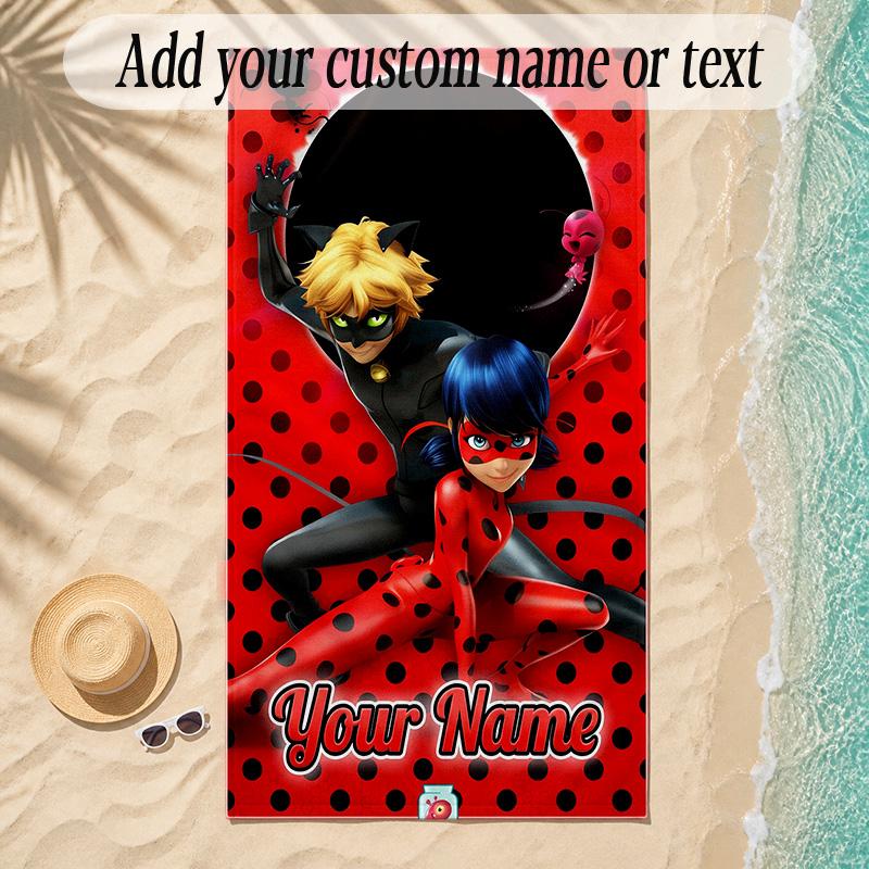 Beach TowelMiraculous Ladybug Custom Name Text Personalized Soft Towel for Beach Pool Indoor Home Decor Gift