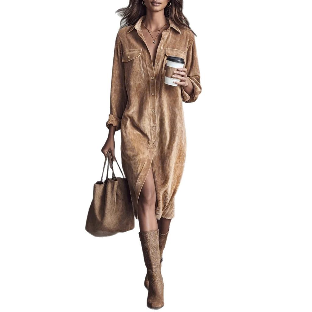New Solid Corduroy Long Sleeve Lapel Collar Loose Shirt Dress