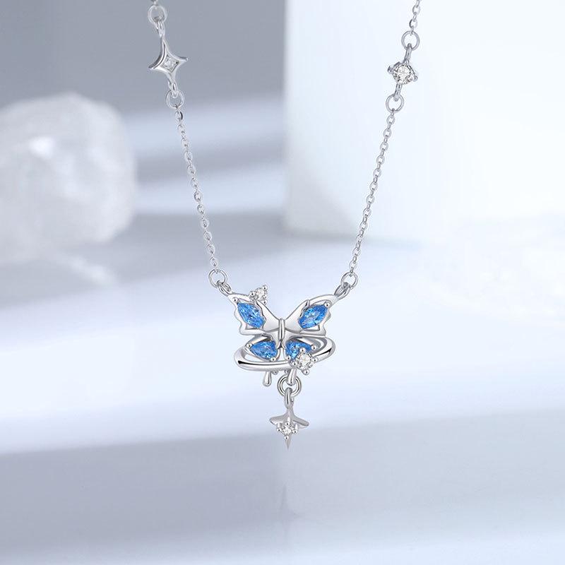 Tichya S925 Sterling Silver Starry Blue Butterfly Necklace for Women 925 Silver