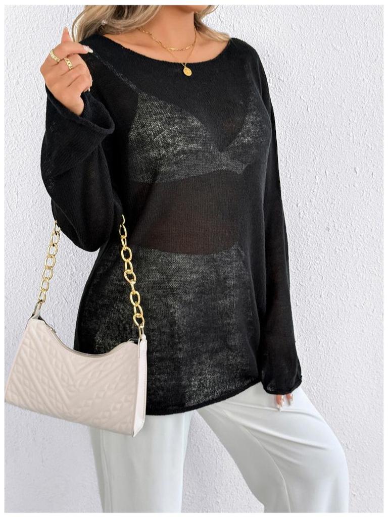 Cross-Border Casual Loose Knit Hollow Sweater: Women's Lightweight Bell Sleeve, Round Neck, Solid Color