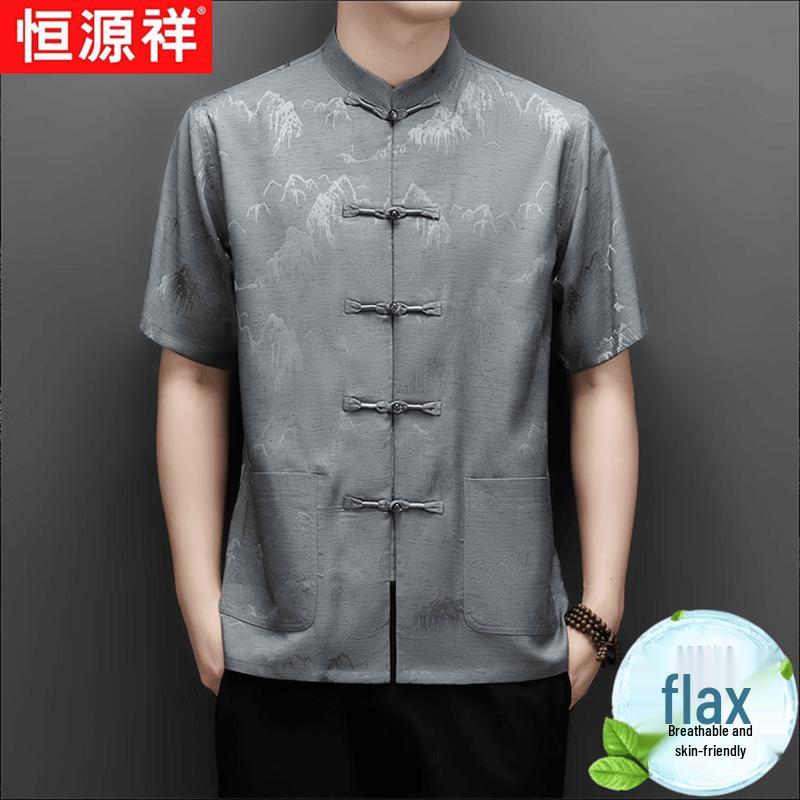 Men s New Chinese Style Linen Blend Short Sleeve Shirt 40/175