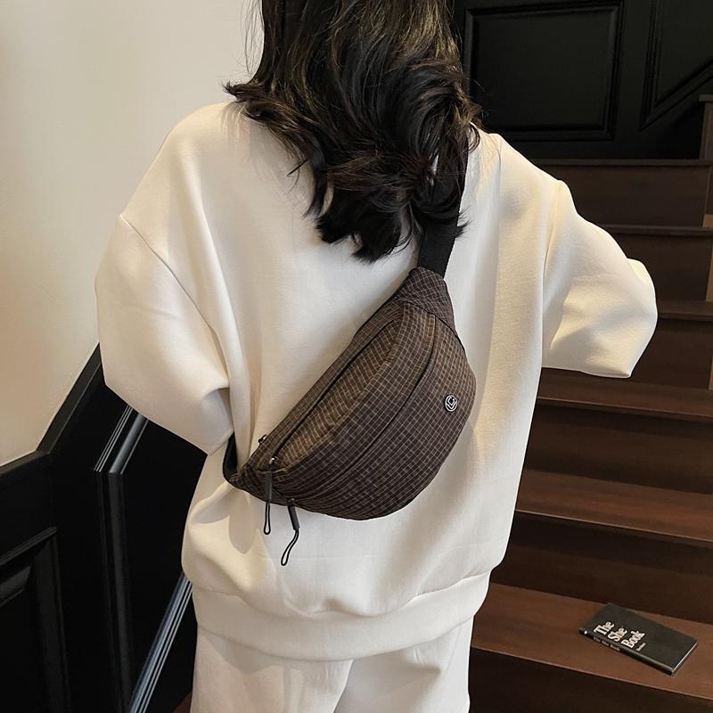 Grid Pattern Waist Bag Multiple Pockets Fashionable Crossbody Bag for Women Street Style Accessory