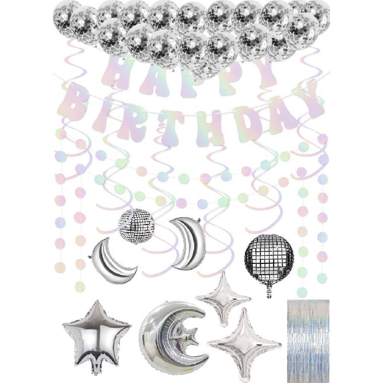 Disco Party Decorations, Iridescent Happy Birthday Banner Cute Foil Birthday Sign Hanging Streamer Balloon for 60s 70s 80s Women Men Cool Retro