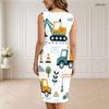 Women Plus Size V Neck Sleeveless Cartoon Bulldozer Printed White Bodycon Midi Dress