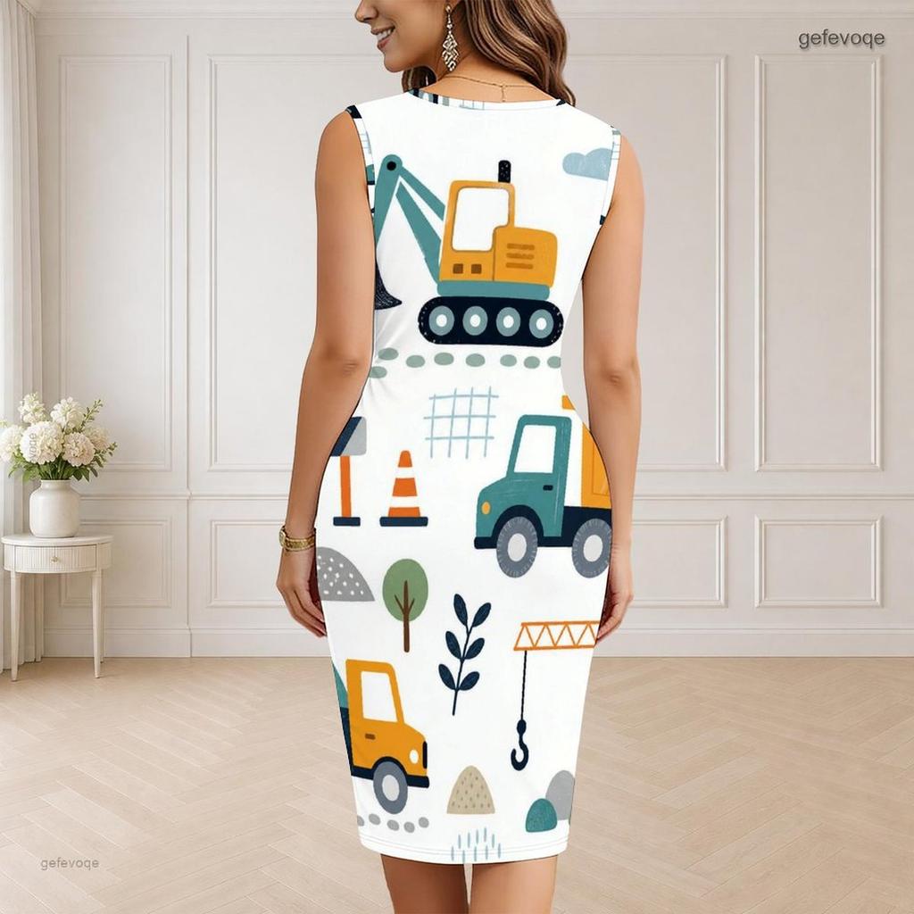 Women Plus Size V Neck Sleeveless Cartoon Bulldozer Printed White Bodycon Midi Dress