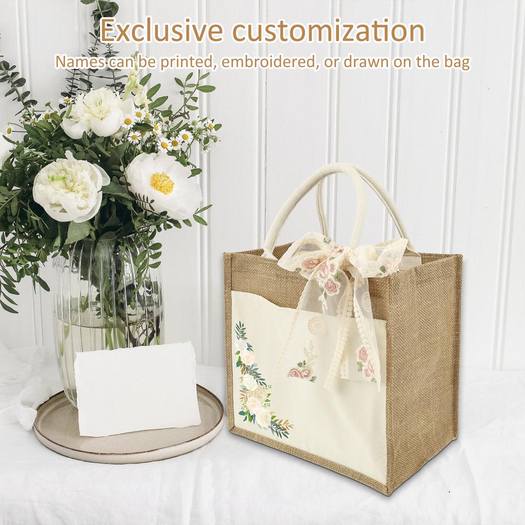 3Pcs Burlap Jute Tote Shopping Bag Portable Ladies Handbags Reusable Grocery Wedding Birthday Gift Bag for Home Holiday Beach
