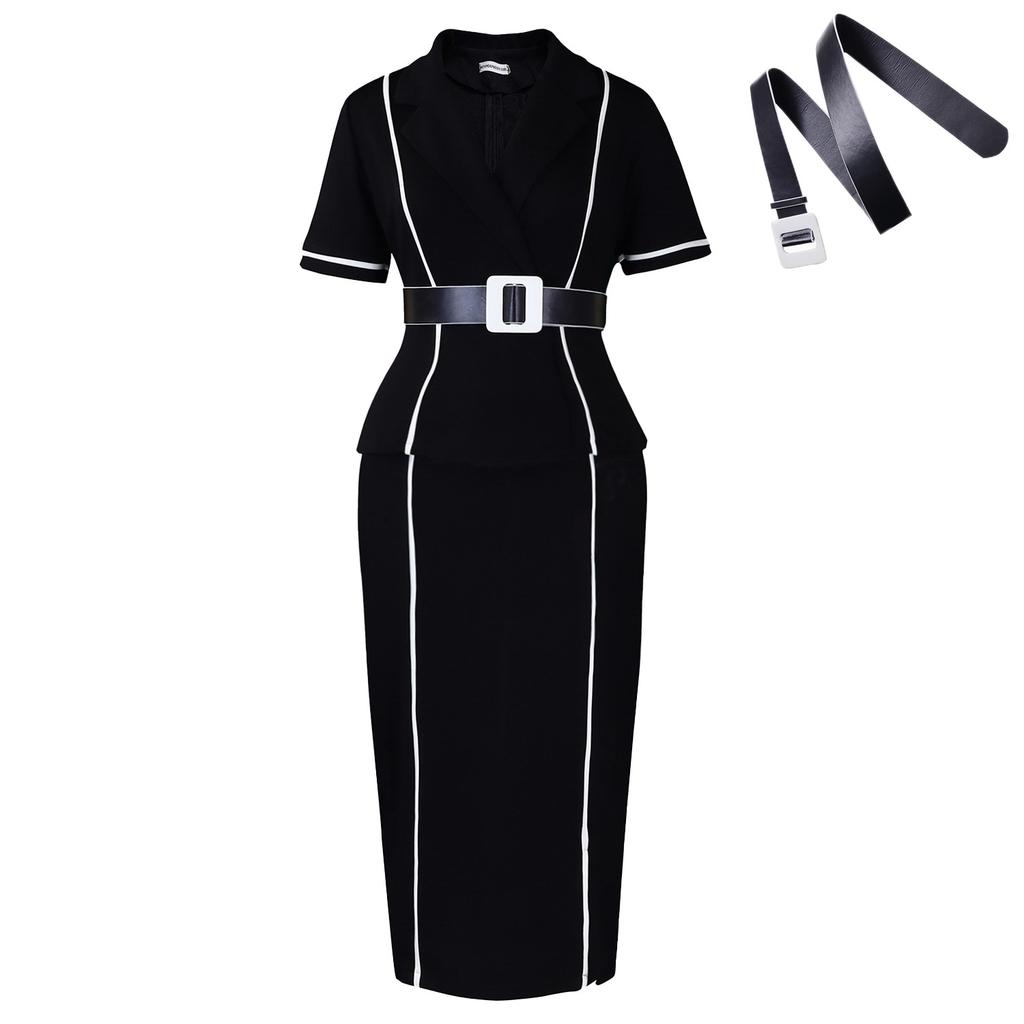 Women's New Fashion Short-sleeved Suit Collar High Waist Ruffle Edge O Dress