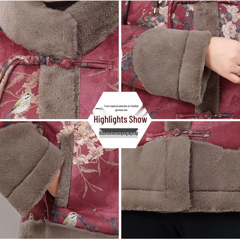 Warm Cotton-Padded Winter Jacket for Middle-Aged and Elderly Women, Plus Velvet for Extra Warmth