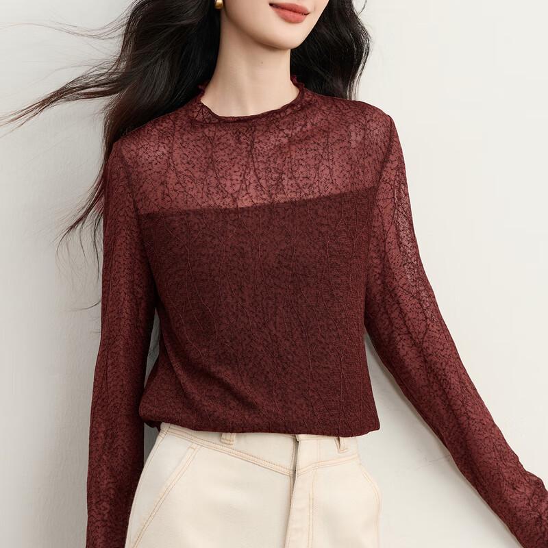 Women s Micro-Sheer 3D Floral Lace Long-Sleeve Top M