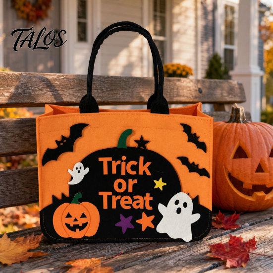 Trick Or Treat Candy Holder Halloween or Bag, Felt Goodie Bag with Pumpkin Ghost Patches, Child-friendly Large Tote for Kids, Party Favor, Haunted