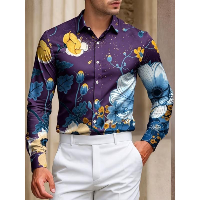 Men's Blue and Yellow Flower Printed Long Sleeve Shirt with Flip Collar Flower Shirt, Vacation Casual Trendy Men's Top