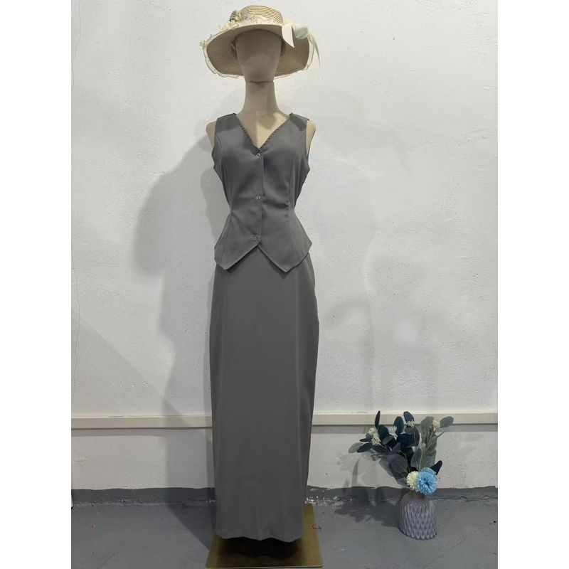 

Western Style New Fashion Solid Sleeveless Vest Vest Skirt Two-piece Set Vest and Skirt Set Silver XXL