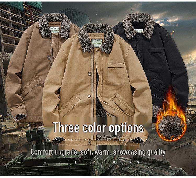Men's Winter Fleece-Lined Lapel Military Jacket - Loose Fit Lambswool Coat