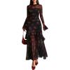women's floral print sheer mesh mock neck flounce long sleeve high waist tiered ruffle maxi bodycon dress with lining