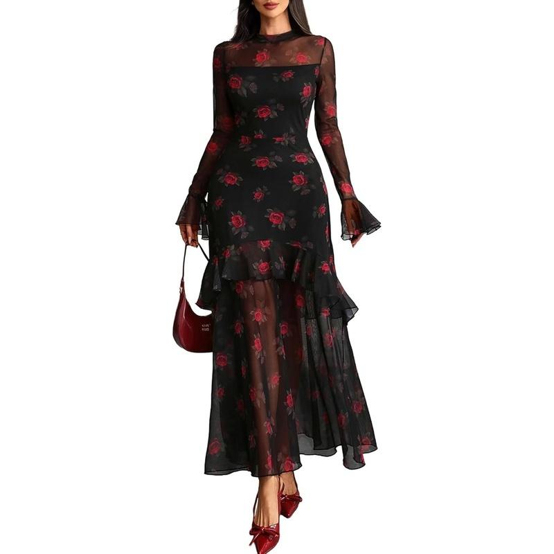 women's floral print sheer mesh mock neck flounce long sleeve high waist tiered ruffle maxi bodycon dress with lining