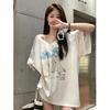 2025 Summer New Women's Influencer V-neck Loose Cartoon Print Short Sleeve T-shirt
