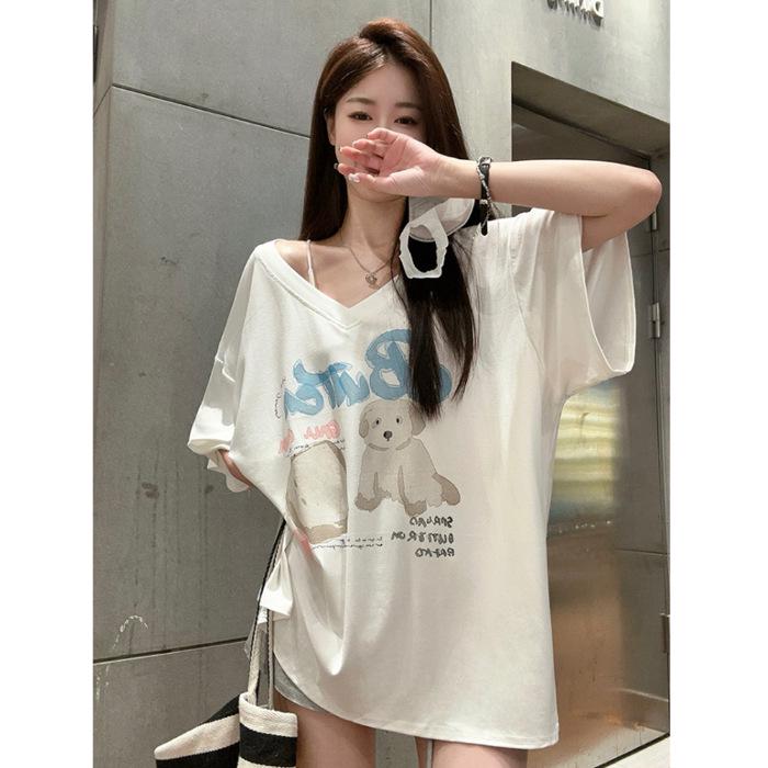 2025 Summer New Women's Influencer V-neck Loose Cartoon Print Short Sleeve T-shirt
