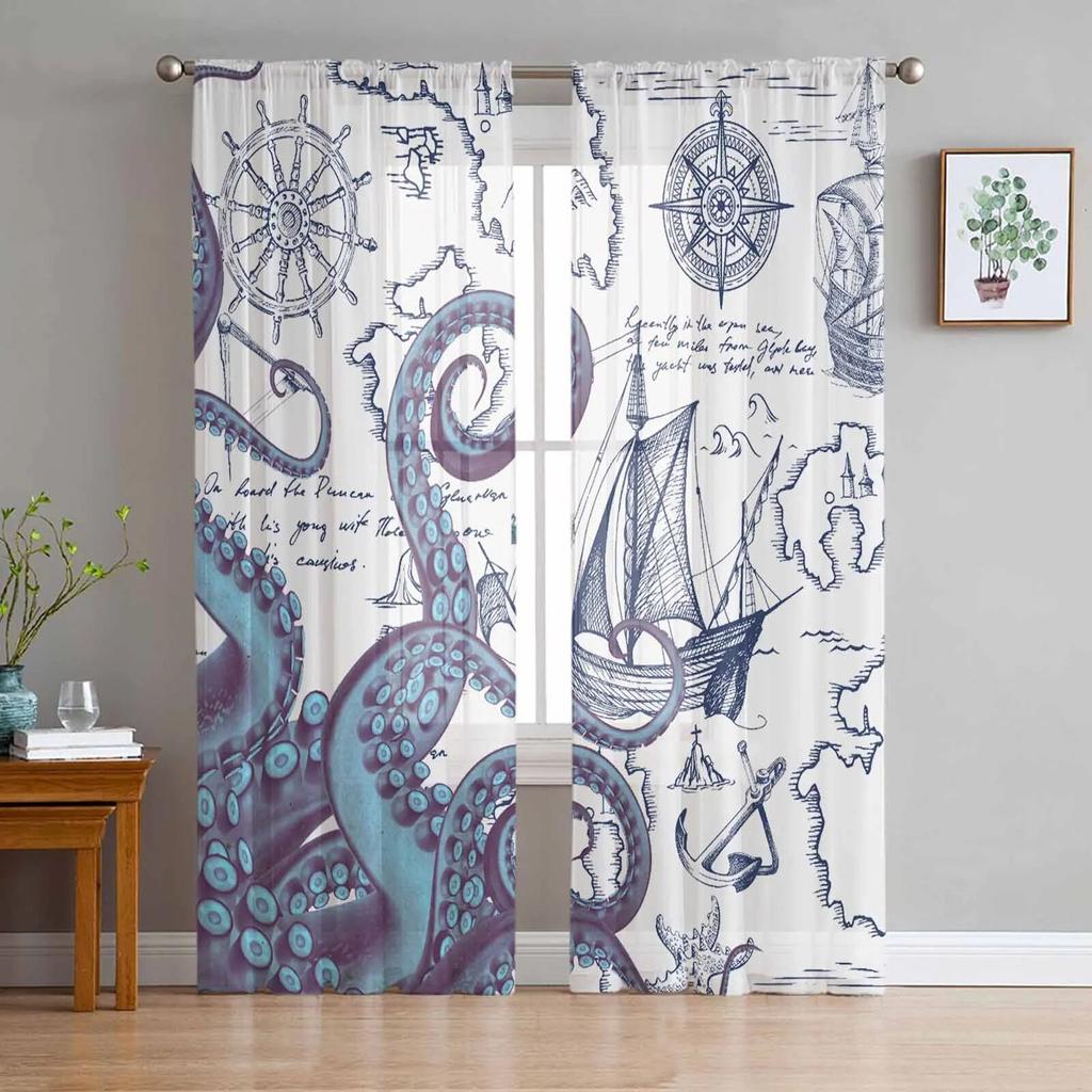 Nautical Octopus Retro Tulle Curtains For Living Room Sheer Curtain For Bedroom Kitchen Blinds Voile Curtains