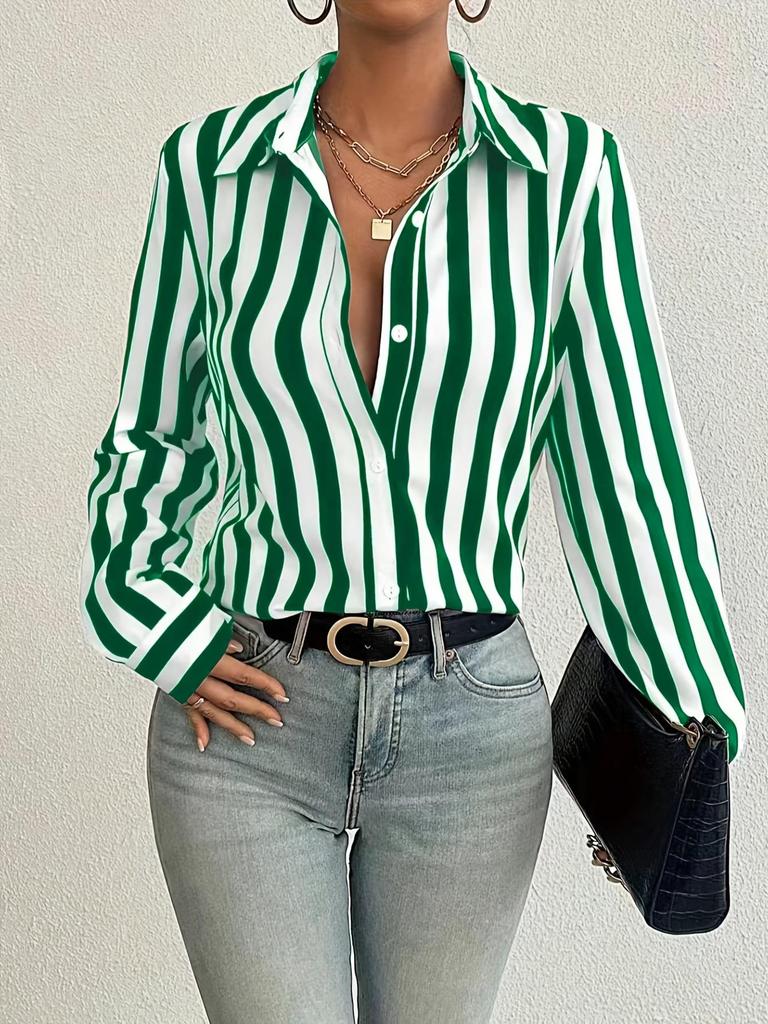 Striped Button-Front Women's Shirt: Loose, Slim-Fit, Retro, Versatile Top