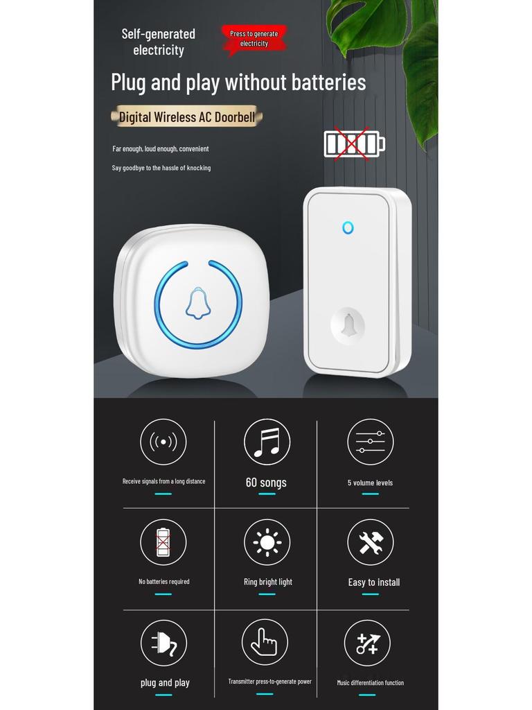 Kinetische Energie Drahtlose Wasserdichte Türklingel, Batterielos, Große Reichweite, Hohe Lautstärke, Ideal für ältere Menschen.