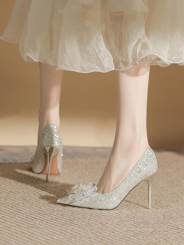 Fashion Gold Heels Fine Heeled Shoes Sexy Pump 2024 All-Match Slip On Sandals Ladies Pointed Wedge Lace-Up Stiletto Crossdressers Cryst