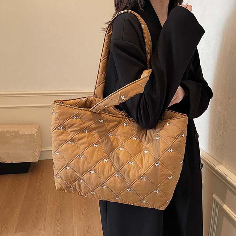 Versatile Quilted Tote Bag Sweet Bubble Shoulder Bag Cloth Bag Rhombus Plaid Handbag  Women