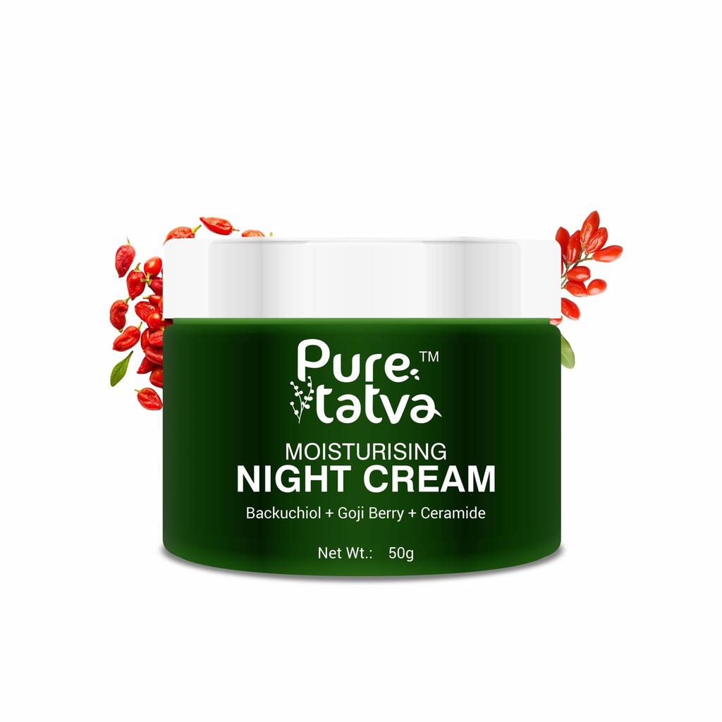 Pure Tatva Moisturising Night Cream with Bakuchiol, Goji Berry & Ceramide | Natural Retinol Alternative | Anti-Ageing, Anti-Wrinkle, Deep Nourishme