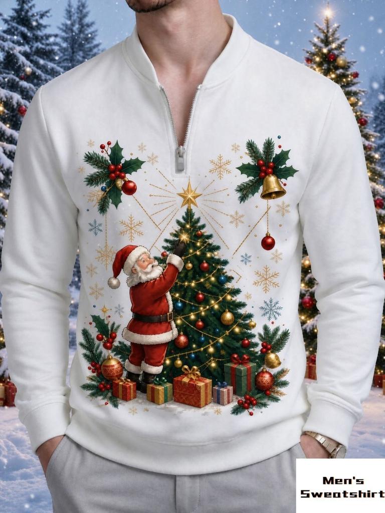 Christmas Santa Claus Print Quarter-zip Long Sleeved Round Neck Sweatshirt Men's Clothing Modern Casual Pullover Trendy Festive Versatile Style