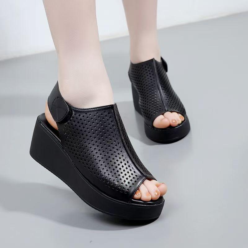 Women's Summer Leather Big Size Peep Toe Sandals Thick Sole Non Slip Hollow Out Velcro High Heel Sandals Light Wedges Sandals