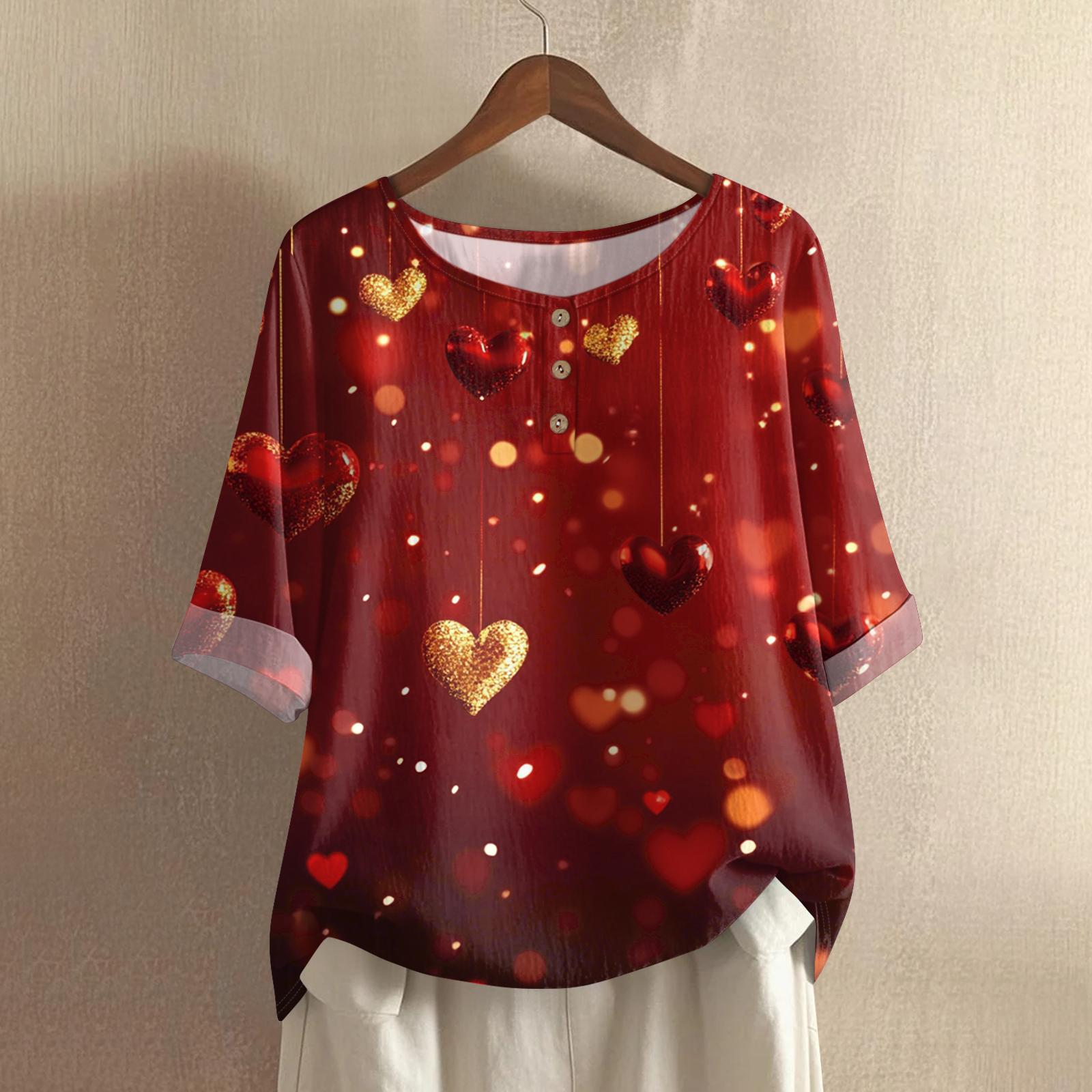 

Women s Valentine s Day Printed Casual Mid Sleeved Round Neck Cotton And Linen Top XL