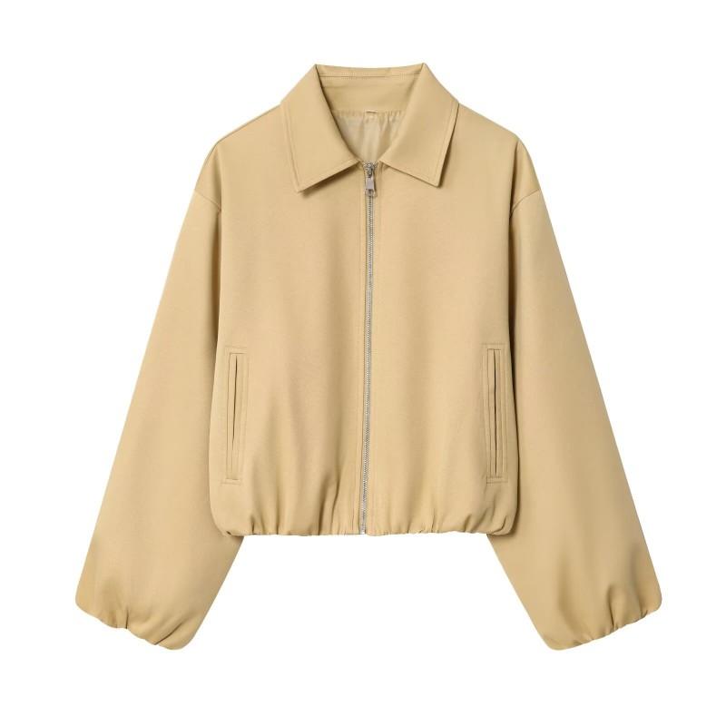 Womens Street Fashion Short Jacket Solid Color Flared Hem Zip Front Casual Outerwear