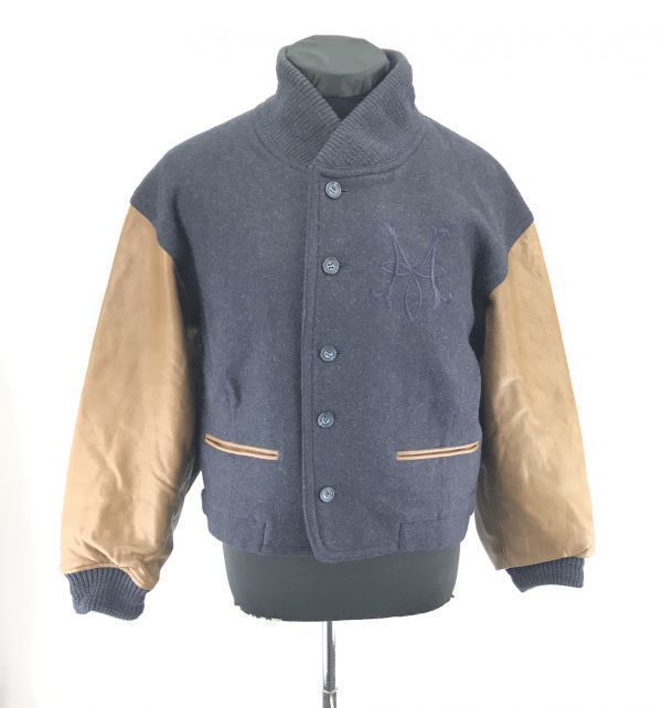 

Made in Japan PEYTON PLACE Wool Stadium Jacket Leather Sleeves Navy × Brown Embroidered Logo