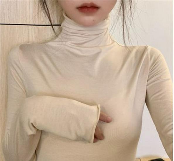 Women's High Collar Solid Color Slim Fit Long Sleeve Top for Spring and Autumn