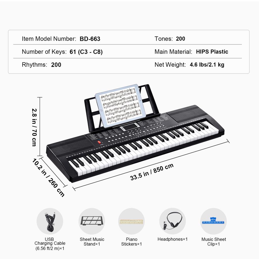SucceBuy 61 Key Digital Keyboard Piano Electric Portable Piano 200 Tones 200 Rhythms or 600 Tones 500 Rhythms for Beginner Use