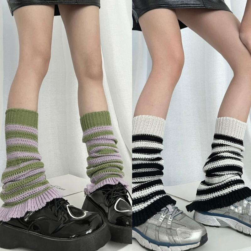 Girls Lolitas Leg Warmers Y2K Stripe Knitted Flared Leg Sleeves Goth Baggy Cuff Ankle Heap Socks JK Uniform Foot Cover
