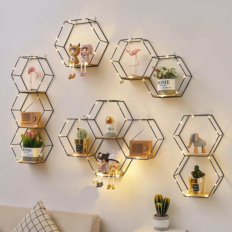 Nordic Wrought Iron Hexagonal Wall Shelf for Home, Bedroom, and Dining Room Decor