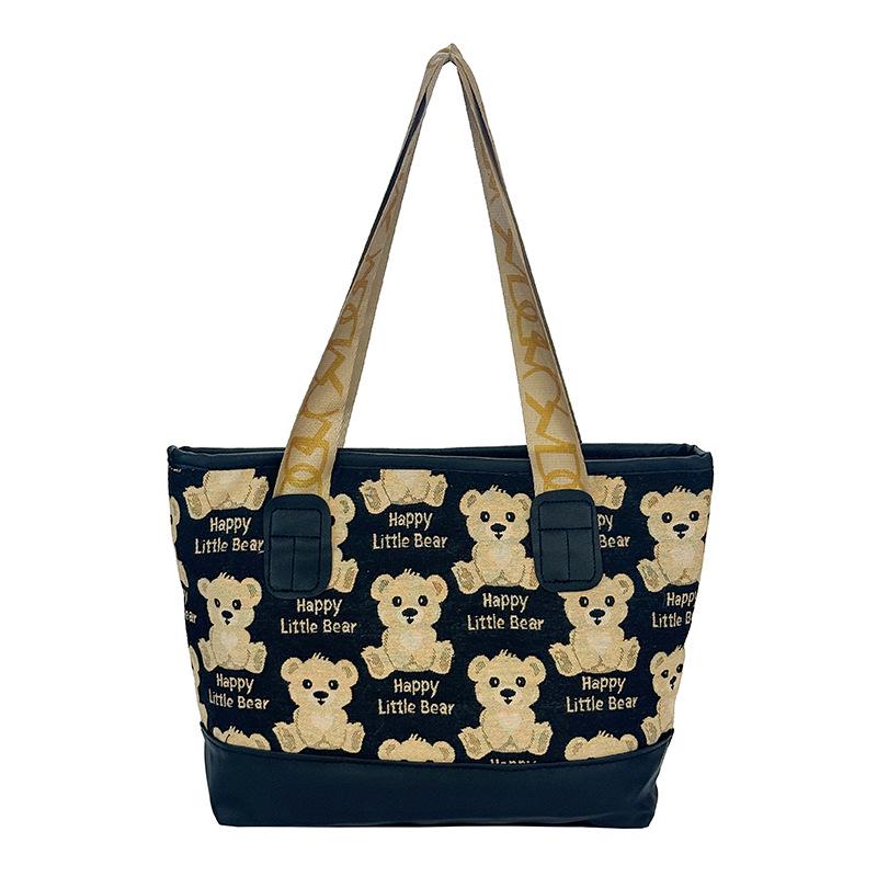 Women's 2025 Fashion Bear Print Canvas Tote - Versatile, Large Capacity Shoulder Bag for Students