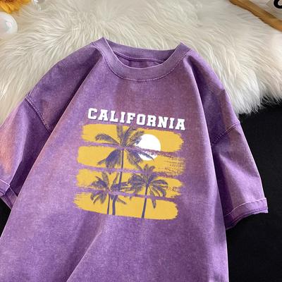 Bedrucktes T-Shirt mit Sonnenuntergang am Meer, Kokospalme, Retro, gewaschen, Vintage-T-Shirt, lockeres, lässiges T-Shirt für Männer und Frauen