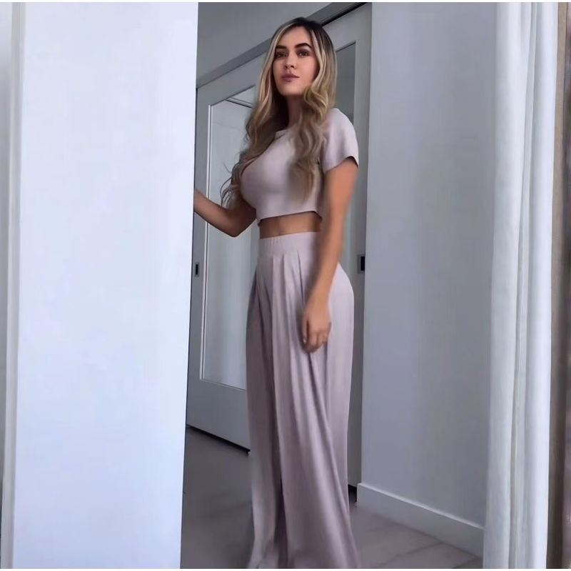 

Fashion Wind Casual Pure Color Short Tops Loose Pants Suit Short Top Wide Leg Pants Set Lotus root color M