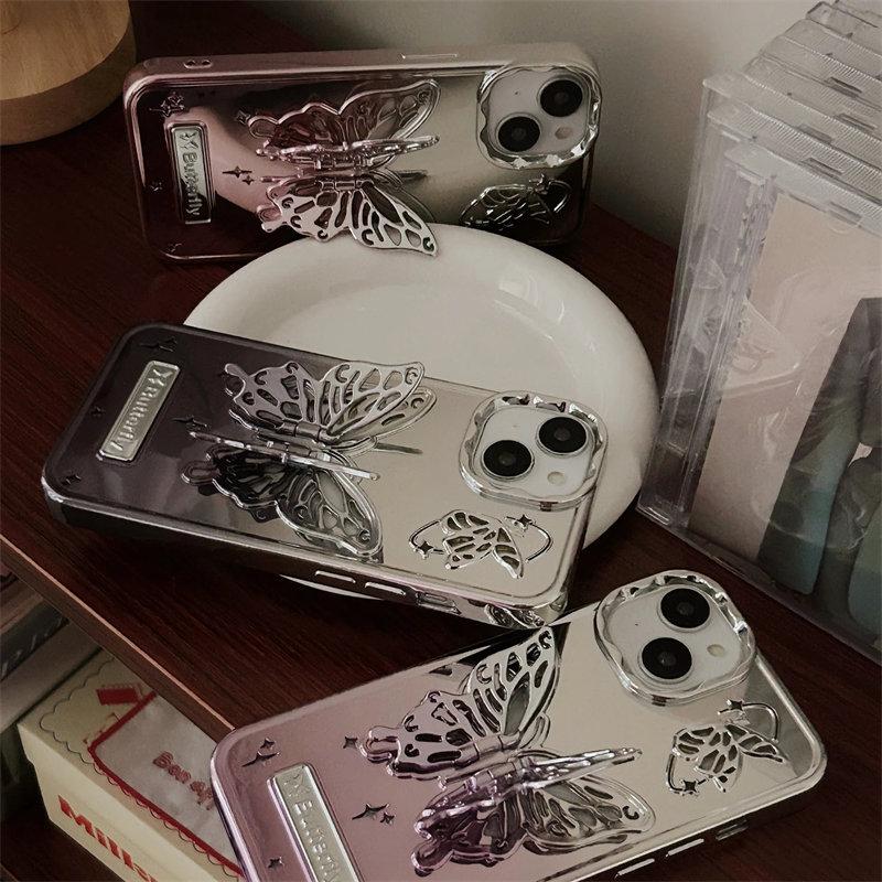 3D Butterfly Hollow uchwyt na telefon etui na iPhone 15 ProMax 14 13 Pro Max 15 12 Pro moda gradientowa matowa poszycie obudowa ze stojakiem