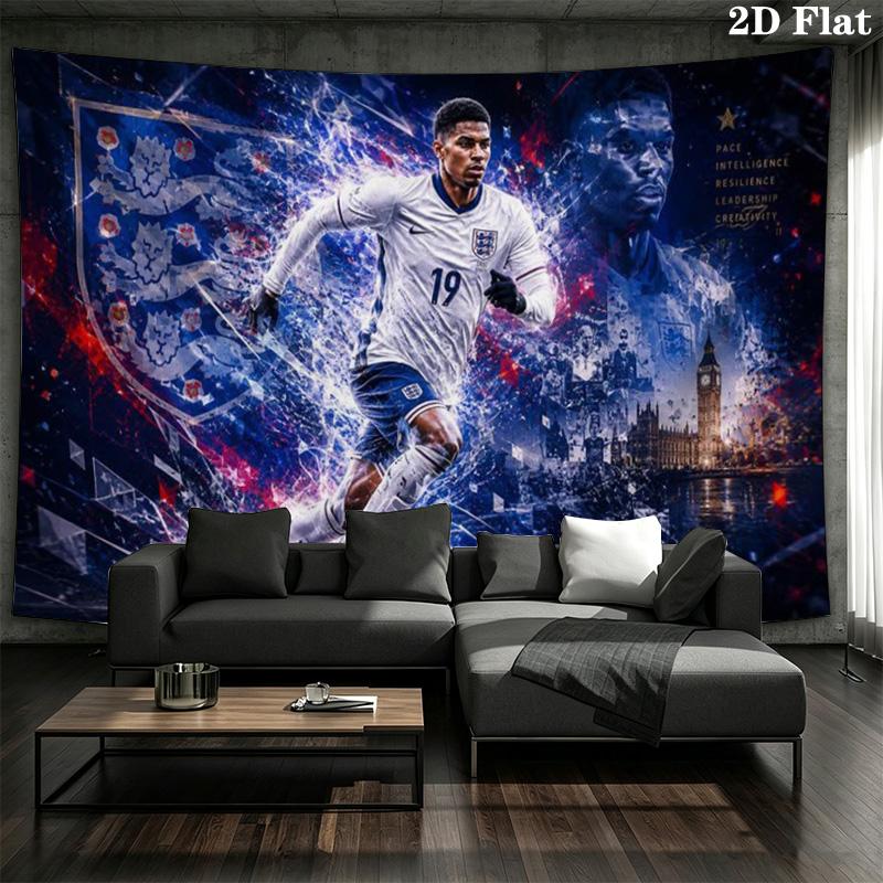 England Football Player Wall Tapestry, Soccer Player Portrait with National Badge Print Wall Hanging for Fan Decor