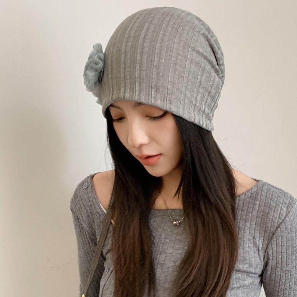 Retro Solid Color Rose Flower Knitted Hat Y2k Style Breathable Women Beanie Cap Crochet Thin Striped Skullies Cap