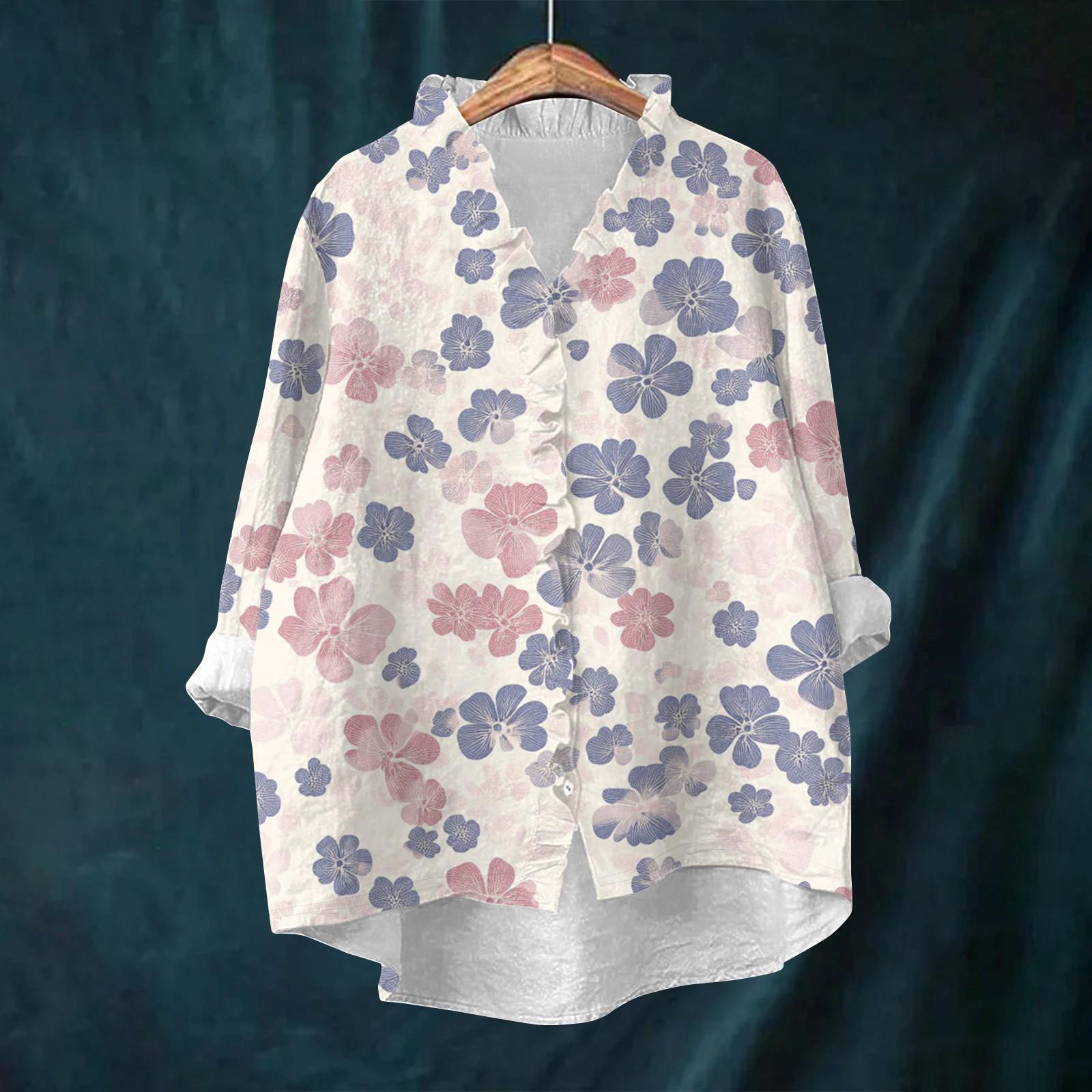 

Женский свободный топ с оборками, в стиле ретро, с цветочным принтом, воротником-стойкой и длинными рукавами, из хлопка и льна M бежевый