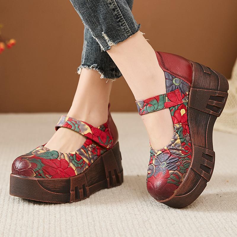 Fashion GKTINOO Handmade Retro Style Women Platform Shoes Spring Summer Genuine Leather Wedges Heel Pumps Casual Shoes