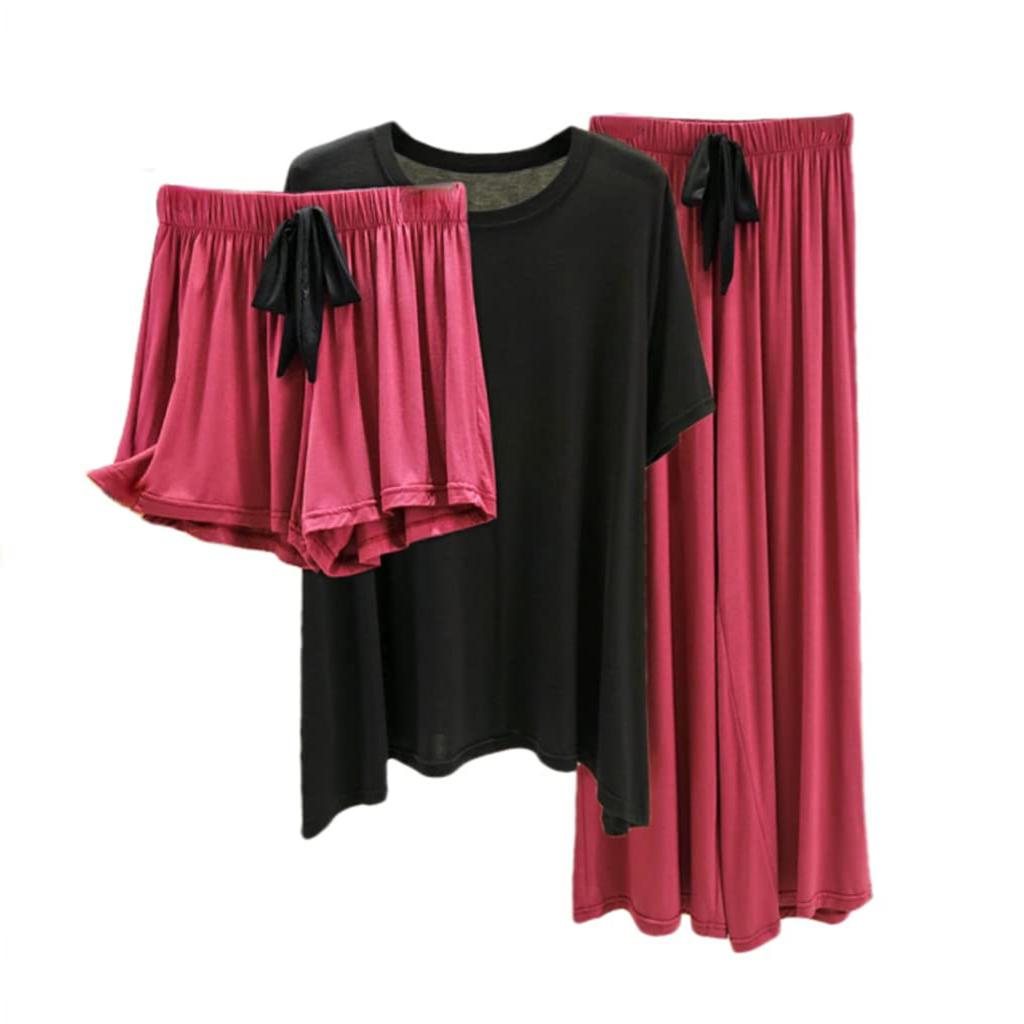 Damen Locker Lässig Rundhals Kurzarm T-Shirt Lange Hose Und Shorts Dreiteiliges Set Einfarbig Pyjama