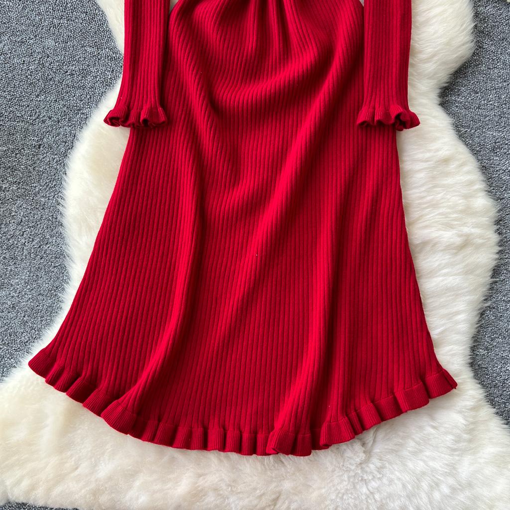 French Sweet  Elega O Neck Solid Knit Long Sleeve Ruffle Dress Women Basics Fashion Summer Spring Dress