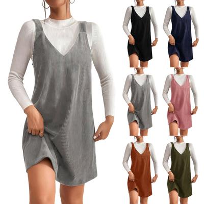 Women's V-neck Corduroy Overall Dress Sleeveless Casual Loose A-line Strap Dress