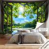 1Pc Forest Lake Sunshine Window View Tapestry Wall Hanging, Decorative Fabric Poster for Bedroom, Living Room, Dorm & Home Decor